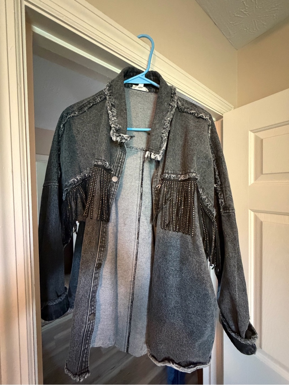 Fringed Washed Black Denim Jacket for Women